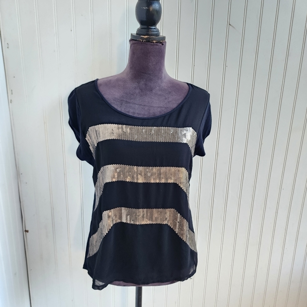 Express Women's Top  Black Navy Blue Silver  Sequins Stretch Back Striped Sz M